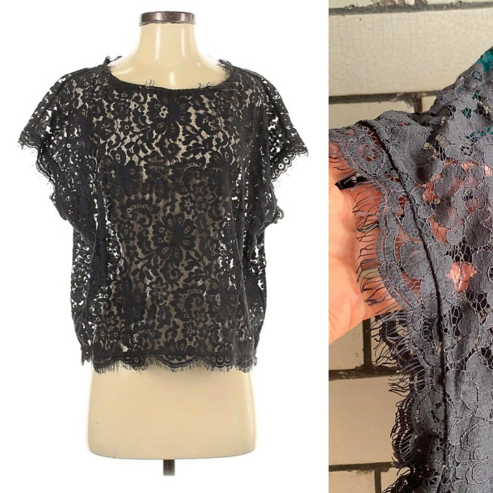 JOIE Black Lace Top Shirt Sleeve Oversized Size XS Floral EUC